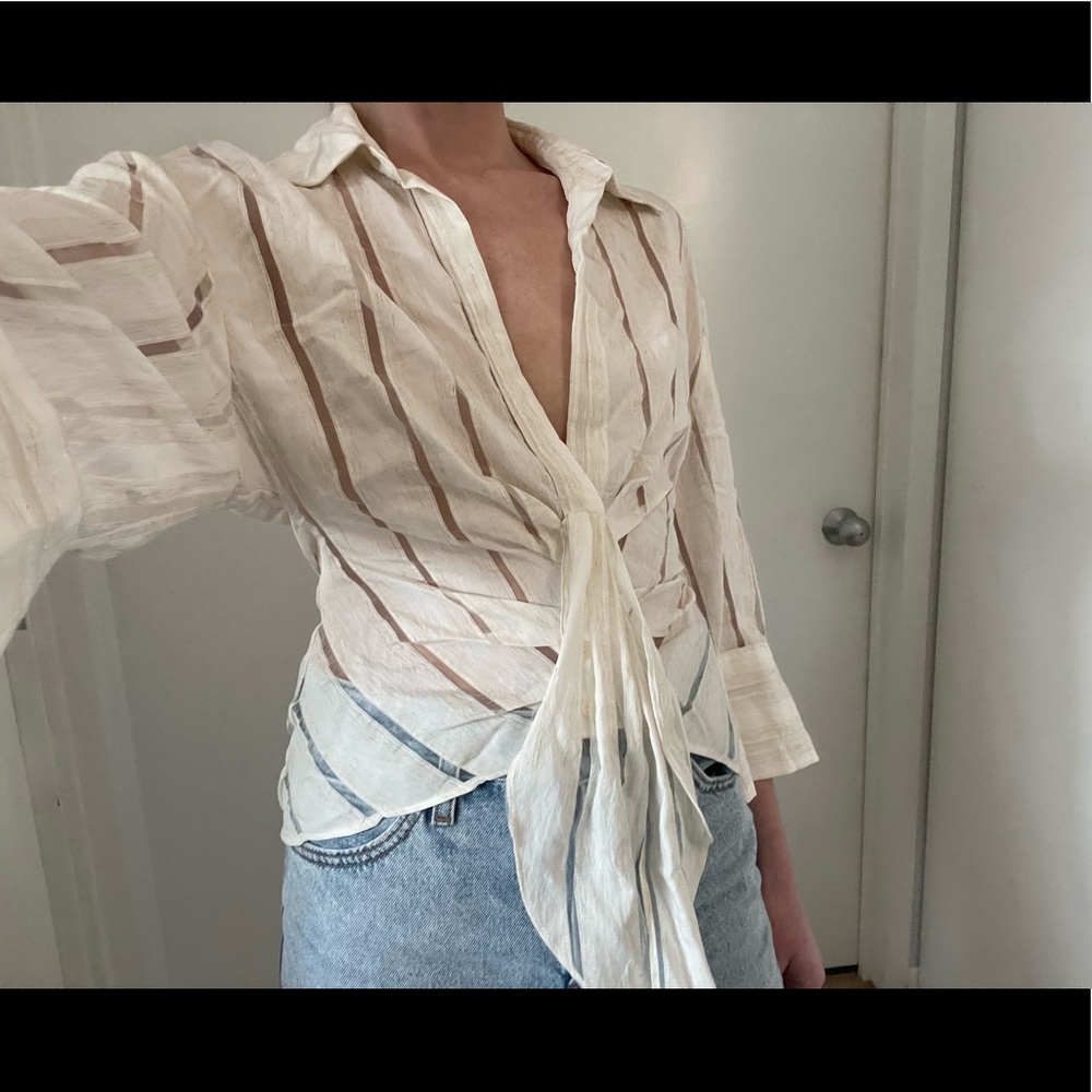 zara cream blouse with plunge neckline